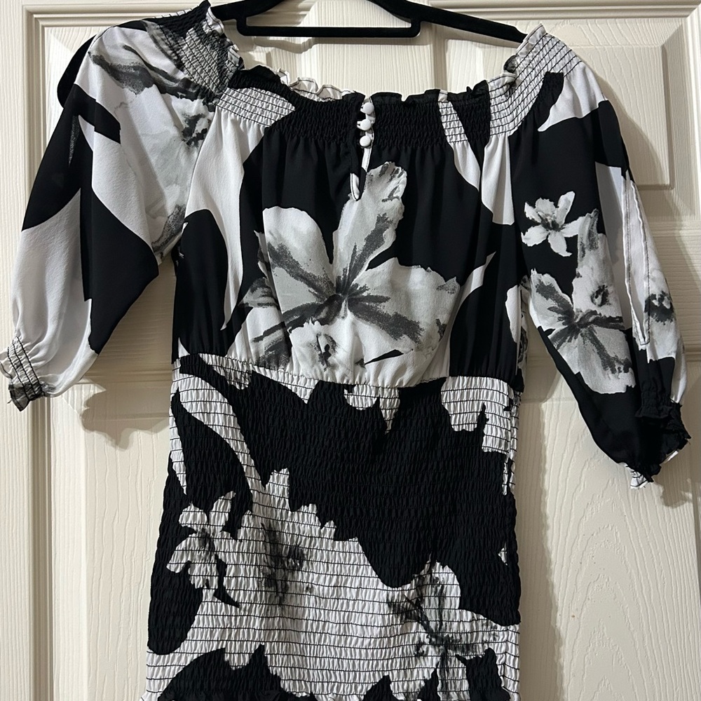 Floral Off-Shoulder Dress - Black and White